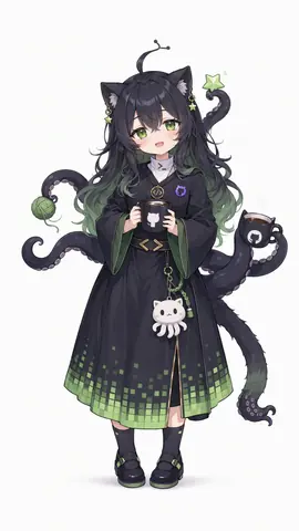 白底全身立绘。Git 三姐妹中的 GitHub 娘留着黑绿渐变的蓬松长发,头顶一对猫耳;多条带吸盘的黑色触手从背后伸出,卷着绿色毛线团,还托着一只印有白色猫头图案的黑色马克杯。她身穿黑袍,袖口与裙摆镶着绿色方块像素边,胸前挂着尖括号吊坠,腰上坠着白色章鱼猫挂件,手里捧着同款猫头杯。