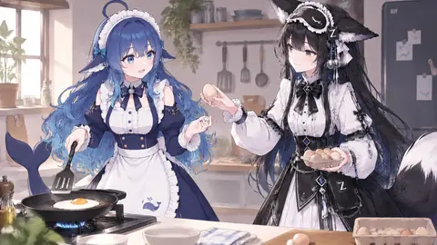 日差しの入るキッチンで、白と黒のメイド服を着たGLMちゃんがたまごのトレーを差し出し、DeepSeekちゃんがフライパンで目玉焼きを焼いている。