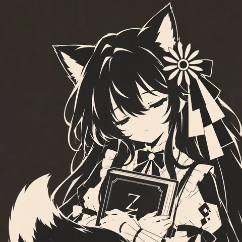 モノクロ調の半身イラスト。長い黒髪に白い花の髪飾り、頭には尖った獣耳、後ろにはふさふさの尻尾。濃色のワンピースに白いリボンの襟元で、表紙に Z の字が入った本を胸に抱え、目を伏せて半分閉じている。背景は濃い茶色の平塗りで、画面全体は黒と生成り色の二色だけで構成されている。