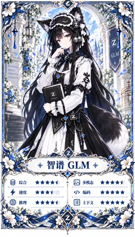 以智谱 GLM 为原型的黑蓝配色兽耳女仆少女卡牌立绘，附综合、速度、推理、多模态、编码、上下文六项星级评分。