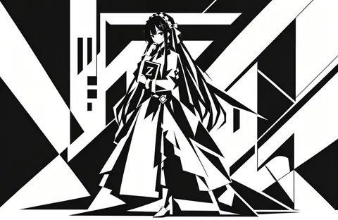 以黑白几何构成主义风格绘制的 GLM 拟人化角色，长发的 GLM 娘手持带 Z 字标记的书本站立于斜切三角背景前。