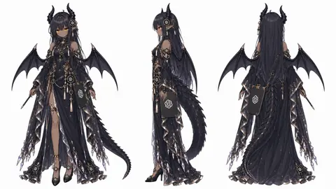 白い背景に正面・側面・背面を並べた設定画です。大人姿の黒龍GPTちゃんは、黒い長い髪に暗い色の角、尖った耳と金色の瞳、黒い蝙蝠の翼を持っています。黒金のドレスは深いスリット入りで、金の鎖と房飾りが揺れ、白い花の紋章が入った黒い板を手に提げています。黒いヒールと鱗に覆われた長いしっぽも合わせています。