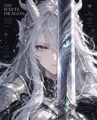银白长发的龙角少女骑士身着银黑盔甲，立于深色星空背景前；她竖握的巨剑剑面映出一只蓝色龙瞳。画面四周配英文标语排版，整体为广告海报式构图。
