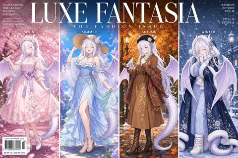一张以时尚杂志封面形式排版的作品：四格分栏，同一位银发龙翼少女分四季登场，春季是粉色花瓣礼裙配花冠，夏季是浅蓝薄纱长裙配草帽，秋季是棕色风衣配格纹披肩与贝雷帽，冬季是深蓝大衣配白色毛绒领与手套。画面顶部横跨 LUXE FANTASIA 标题，四格分别标注 SPRING、SUMMER、AUTUMN、WINTER，格与格之间以竖线分隔，背景依次为樱花树、夏日花园、秋叶街灯与雪夜街道。
