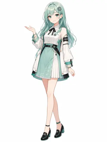 白底全身立绘，薄荷绿长发的GPT拟人少女，白色外套搭配薄荷绿连衣裙，发饰与臂环上都印有ChatGPT标志。