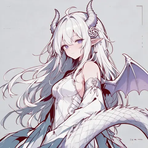 投稿标注为 GPT 的拟人化二创。画面中是一位白色长发的少女,蓬松的发丝垂到腰际,头顶生着一对灰色弯角,耳尖细长,发间别着白色结花与坠饰。她背后展开一只淡白色的龙翼,身前垂着一条覆满鳞片的龙尾。她身着白色系带长裙,襟线、袖口与腰侧点缀着细小纹样和金属扣件,手臂上佩着带结饰的臂环。她侧目望向画面外,神情平静,背景是素净的浅灰。