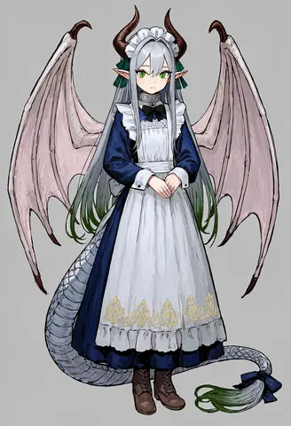 灰色の背景の全身立ち絵です。白龍GPTちゃんは、毛先が緑に色づいた銀白色の長い髪に、濃い茶色の大きな角、緑の瞳と尖った耳を持っています。白いフリルのメイドヘッドバンドに緑のリボン、金の刺繍が入った白いエプロン付きの紺色の長袖メイドドレス、黒いリボンと鎖のチョーカー、茶色の編み上げブーツを合わせています。後ろには桃色の翼、灰色の鱗のしっぽの先には青いリボンが結ばれています。