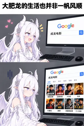 上下两格的 GPT 娘梗图：白发的龙角少女坐在电脑前用 Google 搜索「成龙电影」，上格还满心期待、眼里冒爱心，下格看到搜出来的片单后垂下发呆，表情写满失望，标题点出「大肥龙的生活也并非一帆风顺」。投稿者说明该作由本人使用 ChatGPT 生成并亲自上传，基于社区开源的 GPT 形象与「大肥鱼的生活也并非一帆风顺」表情包，遵守 CC BY-NC 协议，允许本站收录和下载，供非商业用途使用。
