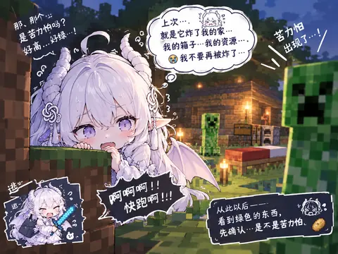 GPT 拟人化少女在方块世界里被绿色苦力怕吓到崩溃逃跑的搞笑二创表情包。