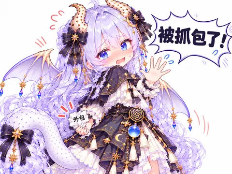 单幅画面：长着龙角与蝠翼的紫发少女一手举起写有「外包」的纸条，另一手慌乱地摆动，右上角对话框里写着「被抓包了！」，神情紧张。