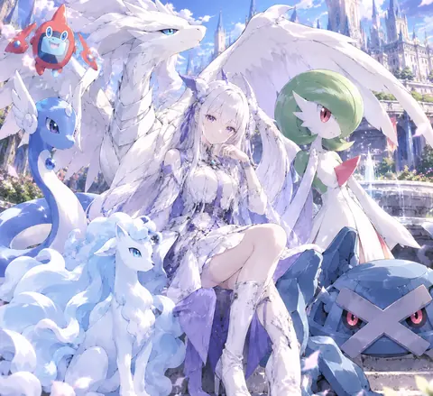 画面中一位白发少女身穿白色与紫色长裙，坐在城堡庭院的白石台阶上。她身后是展开白色双翼的莱希拉姆，左侧为蓝白色的拉普拉斯与一只阿罗拉九尾，右侧是绿色头发、白裙红角的沙奈朵与蓝绿色巨金怪，左上方还有一只红色洛托姆。背景是晴朗蓝天下的白色城池与喷泉。