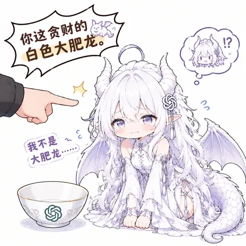 GPT 娘的 Q 版拟人二创：白发白裙的白色小龙跪坐在地上，眼里含着泪，画面左侧伸来一只手直指着她。上方气泡写着“你这贪财的白色大肥龙。”，她小声辩解“我不是大肥龙……”，脚边放着一只印有 OpenAI 标志的白碗，右上角小气泡里是她惊讶的 Q 版头像。作品基于社区开源的 GPT 二创形象与同系列社区二创表情包，由投稿者使用 ChatGPT 合成。