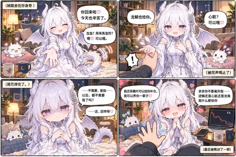四格漫画:GPT娘跪坐在你身旁迎接归来的你,笑着说今天也辛苦了,主动提出可以献出龙血与龙鳞,被问到时连心脏也答应交出来;被厉声喝止后,她的尾巴僵在原地,以为从此不再被需要,泛红着眼眶哀求不要离开,还说鳞片可以补仓、逆鳞龙角都拿去换钱养你。末格以你伸手安抚收尾,旁白注明她「最后被教训了一顿」。