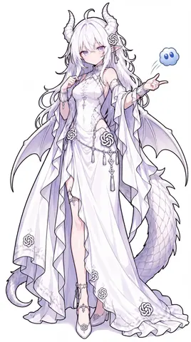 A full-body illustration on a white background. The white dragon GPT Chan has long white hair, white horns, pointed ears and pale purple eyes, and wears a white halter gown decorated with white flower crests, silver chains and tassels. Translucent pale purple bat wings spread behind her, a long scaled dragon tail loops around the layered skirt, and she lifts one finger toward a small round blue cloud with eyes.
