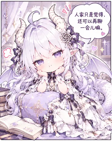 投稿标注为 GPT 的拟人化二创。画面是 Q 版比例的少女,白色长发,淡紫色眼瞳,头顶一对弯曲的龙角,耳尖细长,背后有淡紫色龙翼,身侧垂下覆鳞的龙尾。她双手托腮趴在淡紫色靠枕上,脸颊泛红,眼神带着一点委屈与不满,旁边飘着爱心和生气符号。右侧对话框里写着「人家只是觉得,还可以再聊一会儿嘛。」前景与左侧堆着翻开的书本,背景是书架与垂挂的星形饰品。整幅为单张画面。