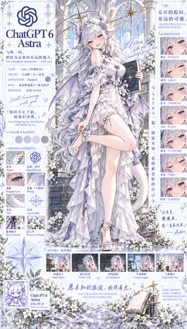 ChatGPT 拟人化角色 Astra 的白龙族少女设定图，含配色、设计元素、表情差分与使用场景展示。