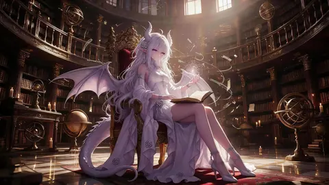 GPT の擬人化二次創作として投稿された作品。長い白髪の少女が、書庫の中央にある彫刻の多い濃色の玉座に腰かけている。頭には灰色の湾曲した角が一対、耳は長くとがり、背中には淡い白の龍の翼が一対広がり、横には鱗に覆われた龍の尾が垂れている。白いドレスには渦巻き状の花模様が散り、白いハイヒールを履いている。膝の上には開いた本、掲げた右手のひらには光る星屑が浮かび、周囲にはカードや紙が舞っている。円形の広間には木の本棚が幾層にも並び、渾天儀や地球儀、燭台が置かれ、高い窓から日差しが差し込み、床には赤い絨毯が敷かれている。