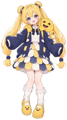 A full-body standing illustration on a white background. Hugging Face Chan has blonde twin tails with two small buns on top and blue eyes full of little stars. She wears an oversized navy jacket with puffy sleeves over a white blouse and navy bow, with a yellow smiley-face button at the collar. Her skirt is made of scalloped petal panels in blue, white, and yellow, a yellow smiley plush rides on her back, and her shoes are topped with matching smiles.