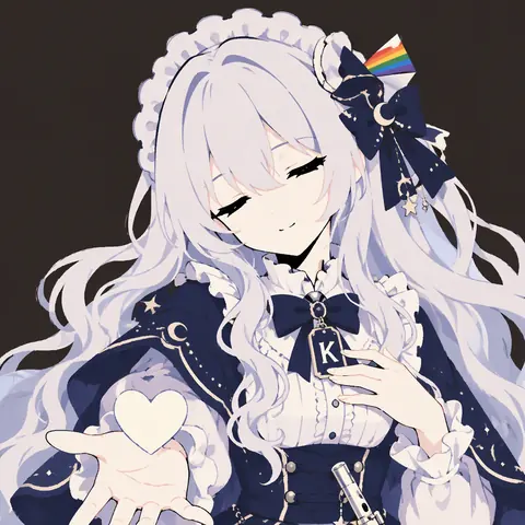 白芥绘制的 Kimi 拟人插画：银白色长发的少女身穿深蓝色女仆装，头戴蕾丝发带与新月蝴蝶结，胸前挂着刻有 K 字样的金属吊牌，向画外伸出手心捧着一颗白色爱心，背景为深灰色。