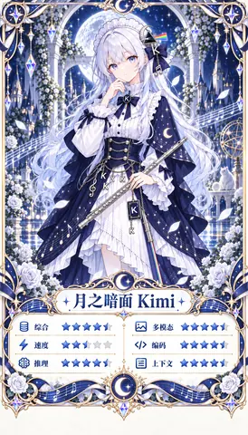 以月夜城堡为背景的 Kimi 拟人化白发少女卡牌，手持长笛并附带综合、多模态、速度、编码、推理、上下文六项星级面板。