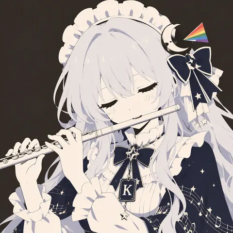 白芥绘制的 Kimi 拟人插画：银白色长发的少女身穿深蓝色女仆装，头戴蕾丝发带与新月蝴蝶结，双手持银色长笛贴唇吹奏，胸前挂着刻有 K 字样的款式吊牌，袖口与裙摆上缀着音符和星星，背景为深灰色。