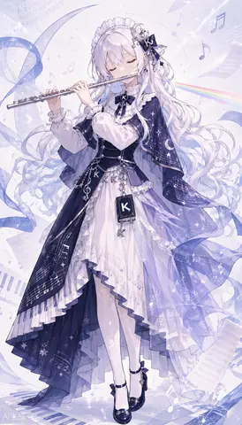 白发少女身着星月与五线谱纹样的深蓝礼服，闭眼吹奏银色长笛，周身环绕乐谱、缎带与彩虹。