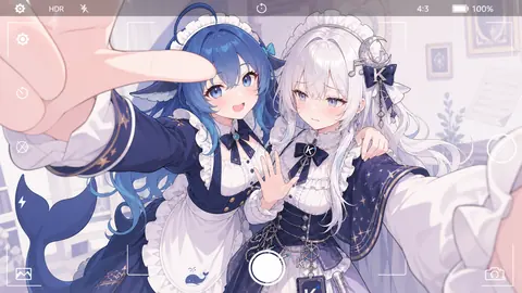 蓝色鲸尾少女举着镜头与白发女仆装Kimi贴脸自拍，画面模拟相机取景界面。