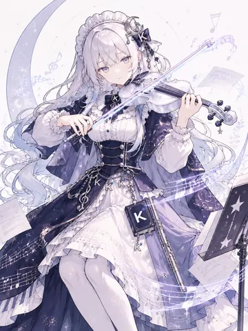 银发紫裙的 Kimi 拟人少女在月牙与音符环绕中拉奏小提琴，衣饰与吊牌点缀 K 字徽记。