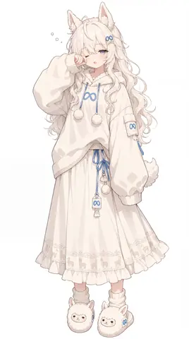 A full-body standing illustration on a white background. Llama Chan has fluffy cream-white wavy hair and fuzzy animal ears, and she rubs one eye as if she has just woken up. Her oversized white hoodie is marked with blue infinity symbols and pom-pom drawstrings, a blue ribbon and a small tag hang at her waist, and the hem of her long skirt is printed with a row of tiny llama silhouettes above slippers shaped like llama faces.