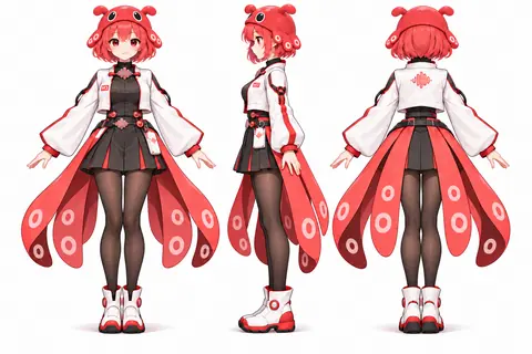 Minimax M3 的拟人角色「小章鱼」三视图设定稿：正面、侧面与背面并列，展示红色章鱼兜帽、白色短外套、黑色百褶裙与红色触手状裙摆，外套与腰带带 M3 标识，底部配白色短靴与深色裤袜。