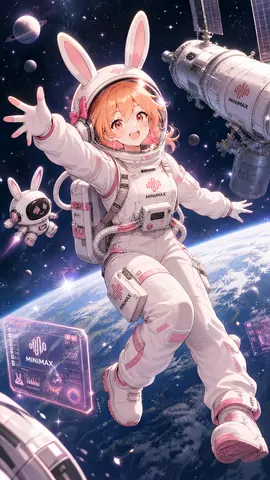 オレンジ色のショートヘアの少女が、MiniMax のロゴが入った白い宇宙服とウサギ耳のヘルメットを身につけ、地球の軌道上で両手を広げて浮かんでいる。背景には星空と惑星、宇宙ステーションが広がり、そばにはウサギ型ロボットが寄り添い、光るホログラムパネルが周囲に浮かぶ。