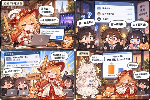 四格漫画：2023 年 9 月 27 日，Mistral娘不开发布会，只在自己的帖子里丢出一条 magnet 磁力链接，直接放出 mistral-7B-v0.1。围观网友先是把它当成乱码，反应过来后一拥而上，13.4GB 的模型在几百人做种下高速下载，授权为 Apache 2.0。当天稍晚，评测榜单显示 Mistral 7B 全面超过 Llama 2 13B，抱着抱枕的 Llama娘当场愣住。