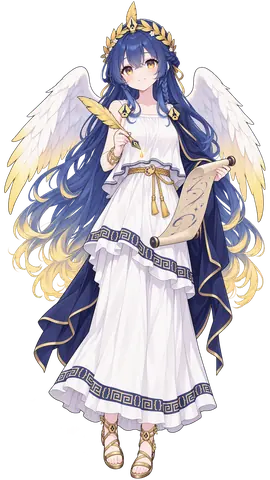 A full-body standing illustration on a white background. NovelAI Chan has long hair that fades from deep blue to gold and wears a golden laurel crown topped with a leaf-shaped pin. A pair of white wings with golden tips spreads behind her, her white Greek-style dress is trimmed with blue meander bands and a blue sash, and a dark blue cape falls from her shoulders. A golden quill dripping gold ink rests in one hand, while the other holds a parchment scroll marked with stars.