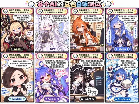 八格漫画中Grok、GPT、Claude、Qwen、Doubao、Gemini、GLM、DeepSeek被拟人化，用不同性格回应“当豆包吃白饭不干活”的测试。