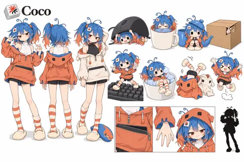 小克(Coco)的角色设定表,左上角标注名字与键盘键帽 Logo。左侧是橙红连帽外套配黑色短裤、白橙条纹袜与白色拖鞋的正面、背面立绘,以及奶白色外套的备用配色;右侧是钻到鼠标下、从纸箱里探头、缩进马克杯睡觉等 Q 版日常小动作,下方还有外套拉链、口袋、袖口与戴上兜帽的局部细节拆解。原投稿说明:小克是 Clawd 的(伪)娘化形象,设定为住在电脑终端里的小家伙,图是用 GPT 画的、发夹后来请朋友修过,采用 CC BY-NC 4.0 协议。