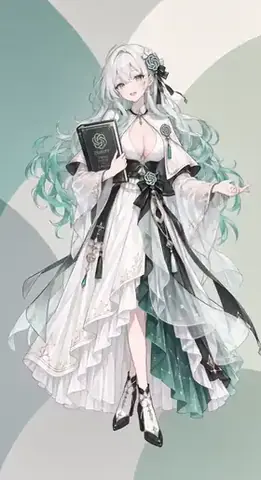 The standard stage design of the Codex character from the open-source Agent Stage project: a white-haired girl holding a black book, in a white gown with deep green ruffles and ribbons against a simple geometric background. Generated by the author and submitted for inclusion on this site.