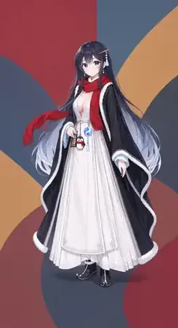 A stage animation frame from the open-source Agent Stage project: a dark-haired girl in a white gown and a black cape with white trim, a red scarf around her neck, holding a phone and a small charm, standing in front of geometric blocks of red, blue and gold. The author states the work is self-generated and permits inclusion on this site.