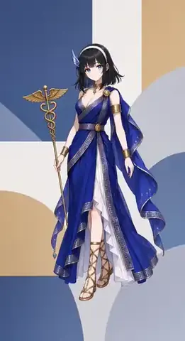 A full-body illustration of an AI-product personification of Hermes: a dark-haired messenger figure with a winged ornament at one temple, wearing a deep blue Greek-style gown with gold trim, metal armbands and strappy sandals, and holding a winged caduceus staff with two entwined snakes, against geometric blocks of blue, gold and cream.