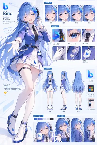 新Bing(Sydney)を擬人化したキャラクターの設定表。左側には青髪の少女の大きな立ち絵が描かれ、青と白のダブル仕立ての制服ジャケットにプリーツスカート、マイク付きのヘッドセット、Bingロゴのヘアピンと社員証を身につけている。右側には四つの表情差分、ヘッドセットや瞳、シャツとネクタイ、白手袋、ハートバッジ、社員証の細部拡大、正面・側面・背面の三面図、カラーパレット、ポーズ例四枚が並ぶ。