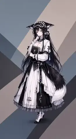 A personified AI-agent character from the open-source project Agent Stage, shown here in a single frame of AutoClaw's normal-version stage loop animation. The character wears a black-and-white gothic dress with a small animal-eared hat and holds a book, standing full-body against a plain geometric background. The artwork was drawn by gaomails2024, who submitted it for inclusion on this site.