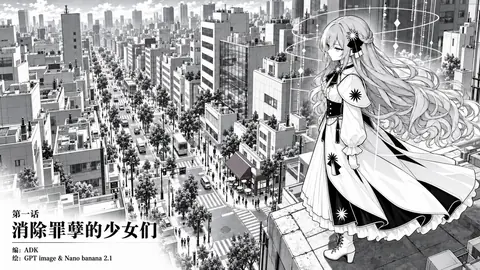 《伊甸园罪孽的绽放》第一话《消除罪孽的少女们》的扉页，单幅黑白画面。俯瞰视角下是密集的城市街区与街道车流，右侧一名长发少女站在天台边缘，身穿黑白配色带星形纹章的洋装，身后环绕着发光的几何装饰线；左下角印有第一话标题与“编：ADK／绘：GPT image & Nano banana 2.1”。