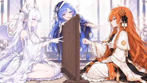 青い髪のQwenちゃんが木の板から顔を出してピースサイン。頭の上にはハートと星が浮かび、左右のAI娘が彼女を指さしたり拳を握ったりしている。