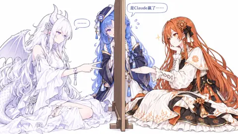 白色长发的独角少女伸出食指指向右边，中间戴蓝色头饰的少女沉默无语，右侧红发少女摊手微笑，气泡里写着「是Claude赢了……」，画面中央立着一根木柱。