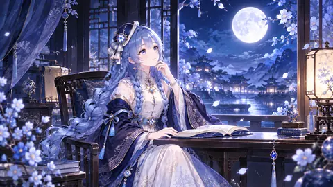 画面中的千问拟人化角色坐在窗边书案前，蓝色长发编成粗辫，戴蓝色花饰礼帽，身穿白底缀蓝金纹样的中式长裙与外披。她一手托腮望向窗外，桌前摊开一本书，右侧立着一盏灯笼，窗外是满月、湖面、亭台与飘落的花瓣。据投稿说明，这张图以 zipzippine 发布的千问形象为基础生成。