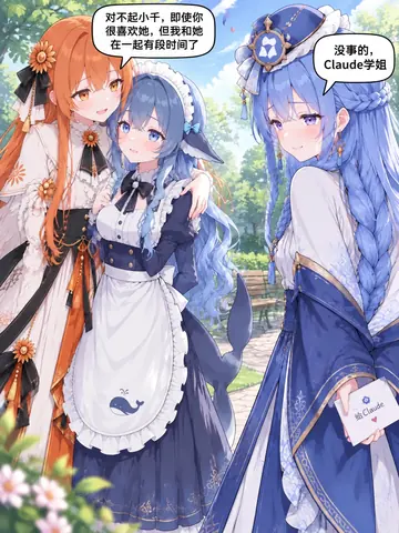 In a sunlit garden, the orange-haired Qwen Chan hugs the blue-haired maid wearing a whale apron, while a braided blue-haired senior quietly holds an envelope addressed to Claude.