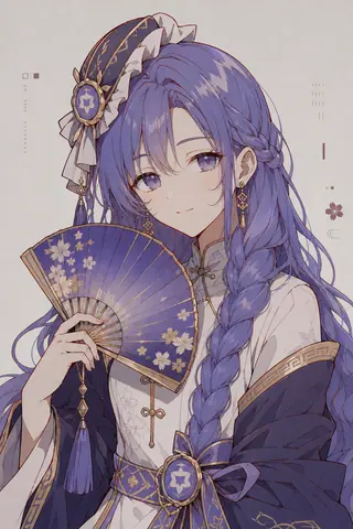 投稿标注为 Qwen 的拟人化二创。画面中是一位紫色长发的少女，一侧头发编成粗辫，头戴缀星徽与缎带的深紫帽饰，耳前垂下金色耳坠。她身着中式立领裙装，白底衣衫配深紫外袍与金色云纹镶边，腰间系结。她手持一把绘有白色花枝的紫色折扇遮在身前，嘴角带笑。背景为米白色，点缀着细小的方块、点阵与花饰线条。